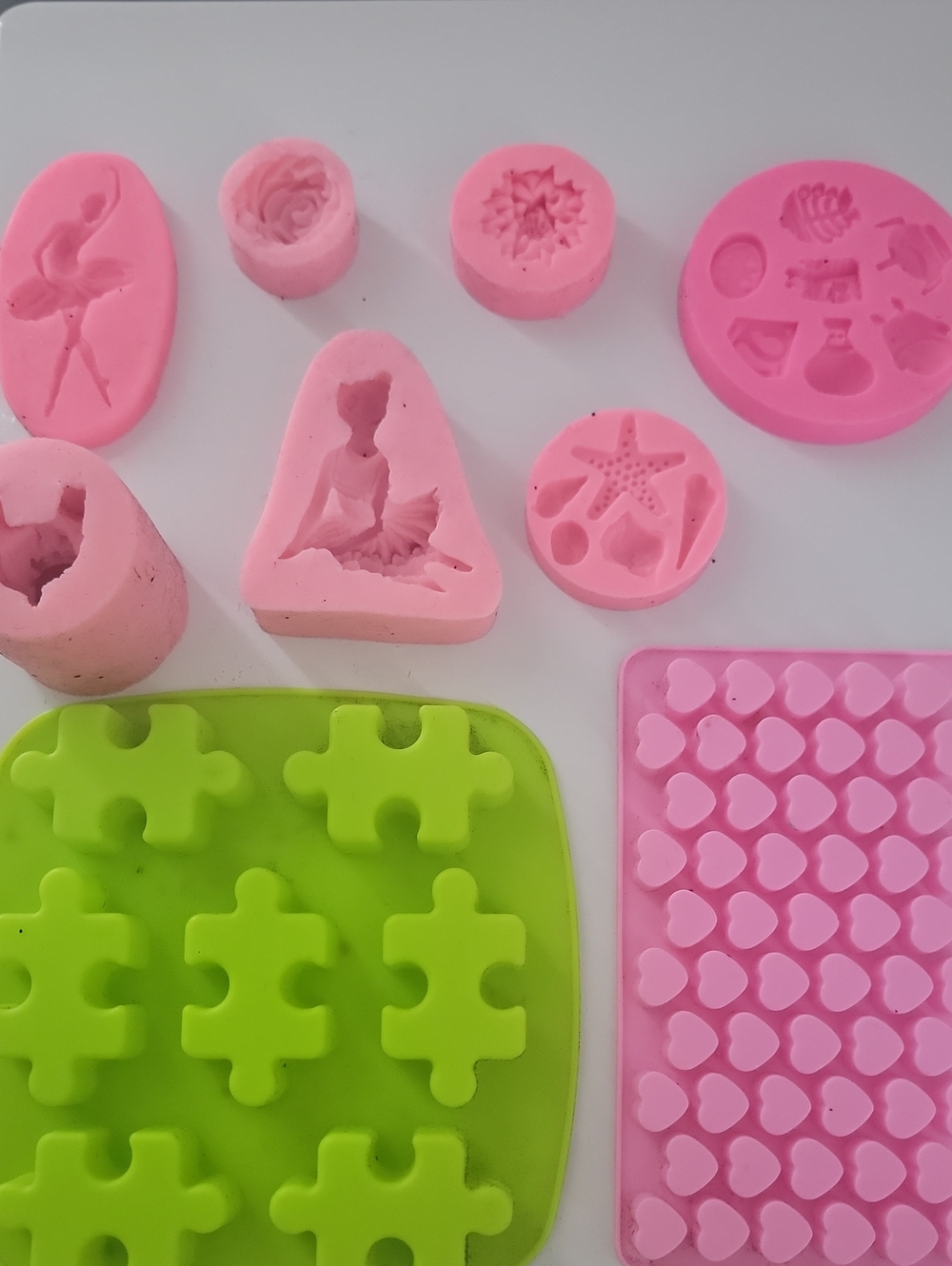 Pink & Green Silicone Molds Set - Hearts, Puzzle & Shapes
